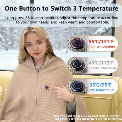Heated Blanket USB Wearable Electric Blanket Portable Warmer Blanket for Shoulder Rechargeable Heating Shawl with 3 Tem Setting