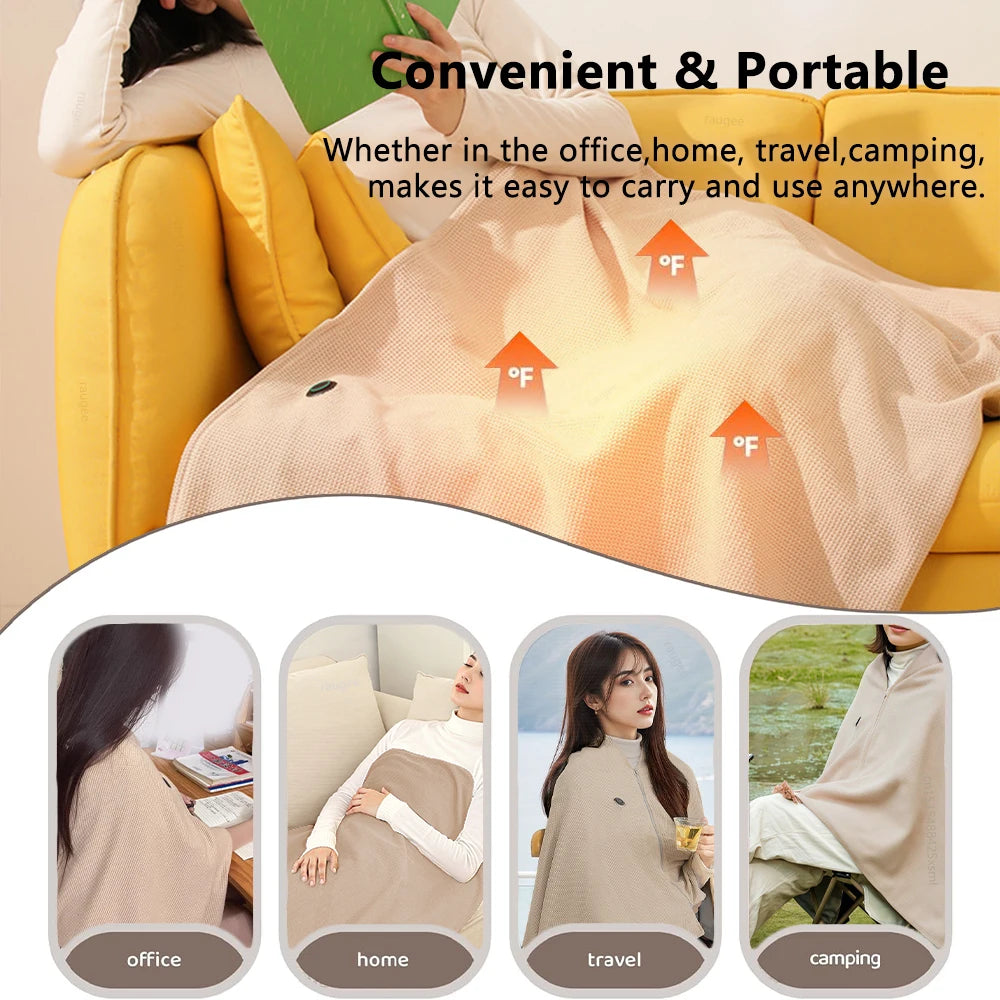 Heated Blanket USB Wearable Electric Blanket Portable Warmer Blanket for Shoulder Rechargeable Heating Shawl with 3 Tem Setting